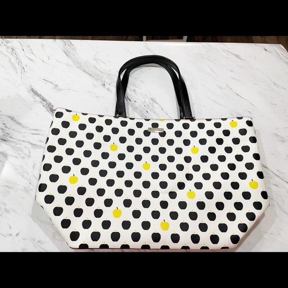 Black and Yellow Polka Dot and Apple Kate Spade Tote Large Purse - Picture 1 of 16